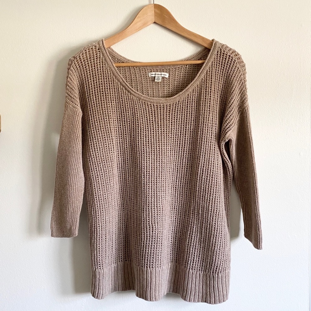 American Eagle Ribbed Knit Crewneck Sweater in Tan